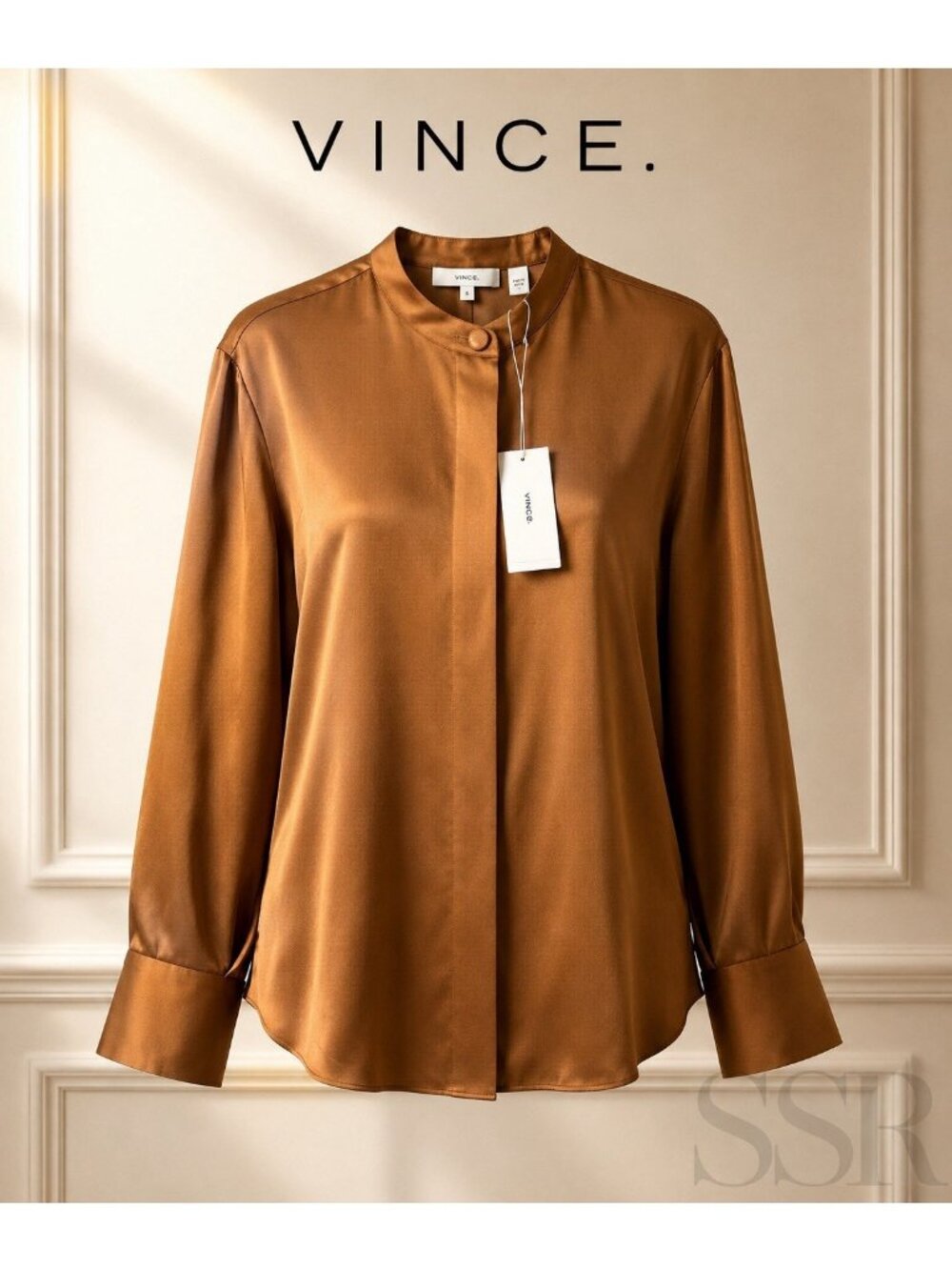 Vince Silk Band Collar Blouse in Cognac Womens Size S NWT Long Sleeves Designer